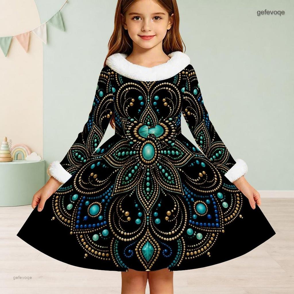 Girls High Neck Long Sleeve Pastel Printed A Line Flared Dress With Faux Fur Trim Big Bow