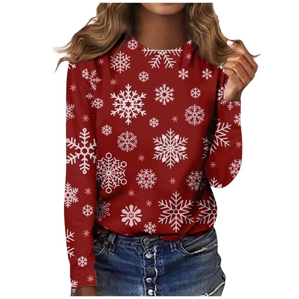 Christmas Snowflake Tree Long-sleeve T-shirt, Fashionable Casual Crew Neck Women's Wear, Comfortable and Slim-fitting Women's Top.