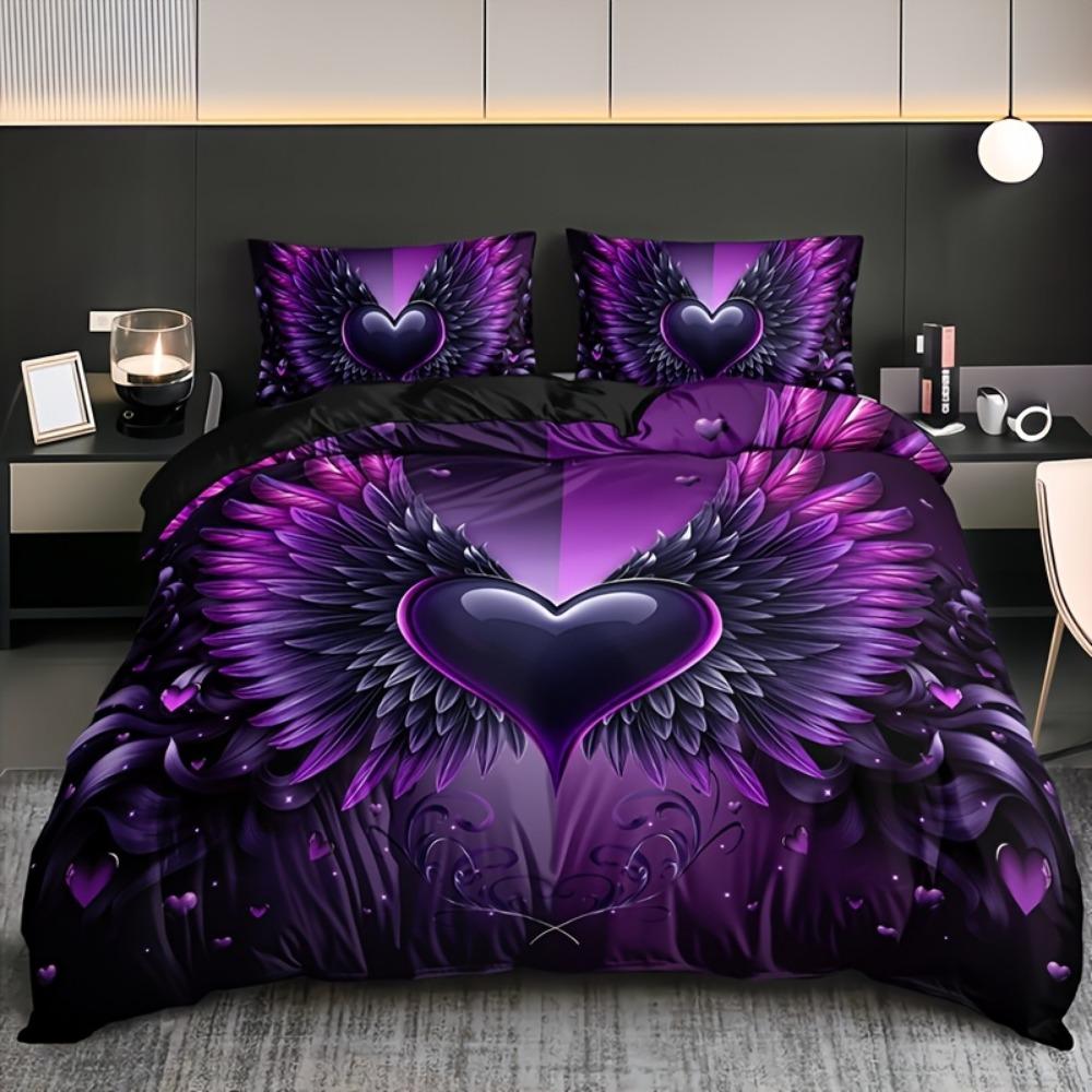 

3pcs Black Purple Bedding Set Love Heart Wing Print Cozy Duvet Cover Set King Queen Twin Single Size Birthday Gift Bedroom Decor EU Single 135x200cm