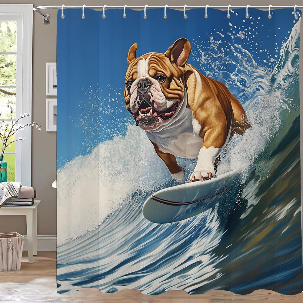 1pc Funny and Creative Surfing Cat and Dog Shower Curtain,Cartoon Bathroom Curtain,Home Polyester Decoration Curtain With Hooks