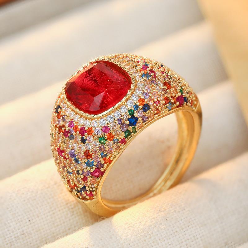 Luxury Inlaid Multicolored CZ Women's Ring Trendy Gold Color Geometry Daily Wear Party Jewelry Anniversary Gift