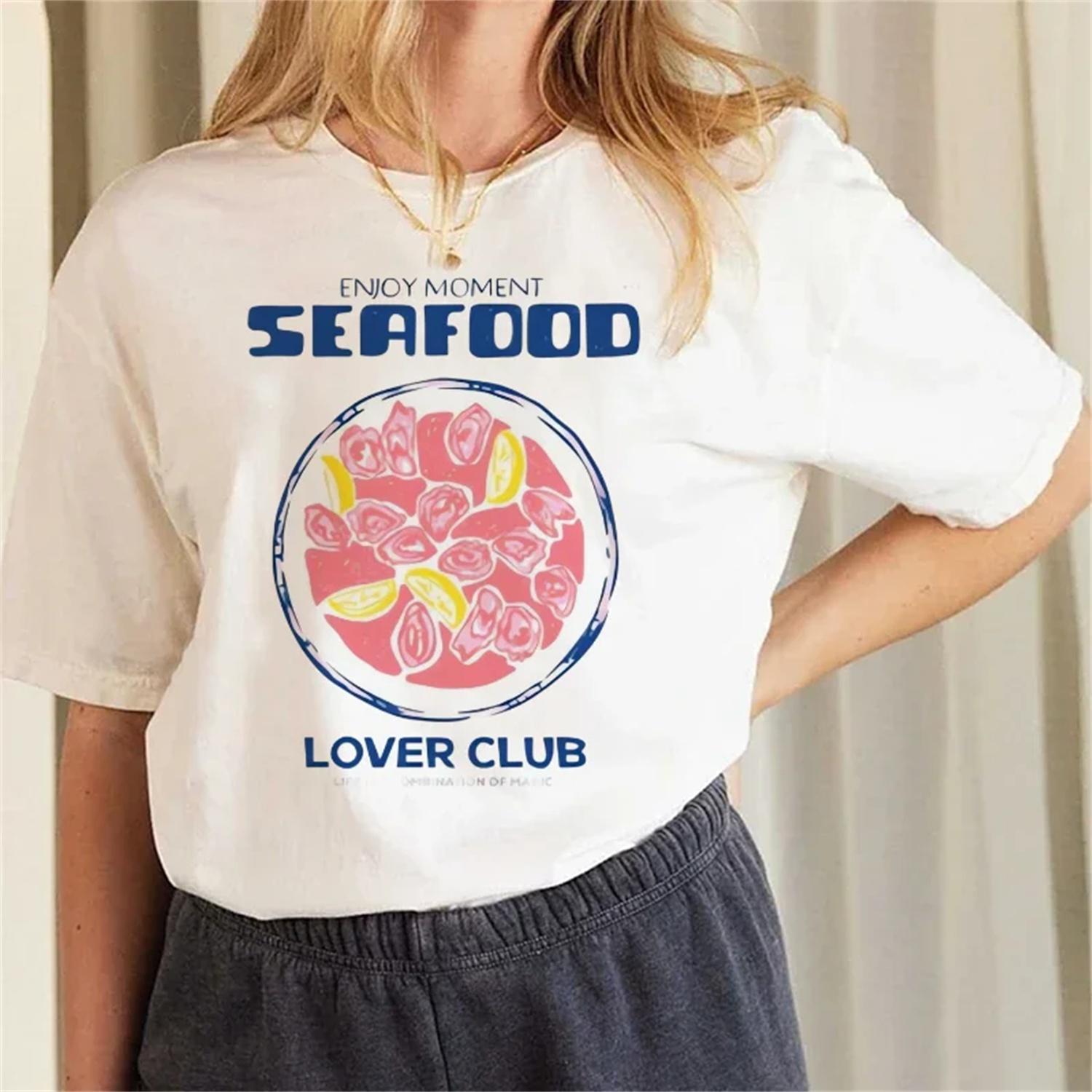 

Casual Top Seafood Enthusiast Pattern Cute Sweet Printed Round Neck Short Sleeve Regular Cartoon Women s Summer Fashion T-Shirt XXXXXL білий
