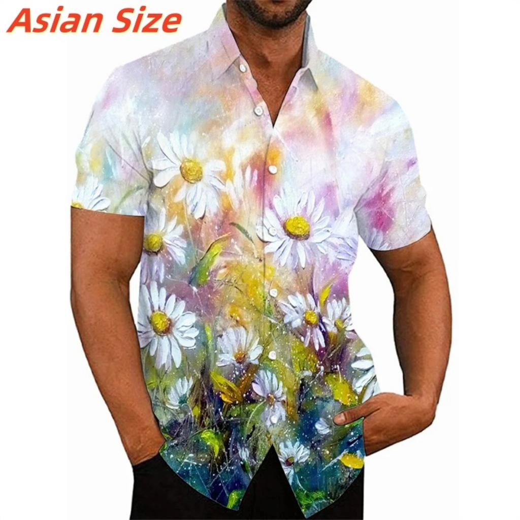 Colorful Flower Clusters Pattern Lapel Shirt For Men Plants 3D Printed Hawaiian Shirts Fashion Short Sleeve Tops Harajuku Blouse