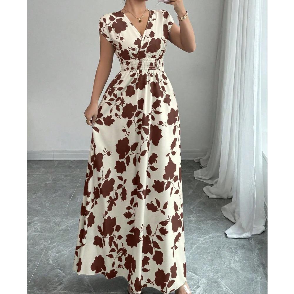 Nuevo Vestido Largo Estampado de Verano con Cuello en V y Manga Corta con Lazo para Mujer Cintura Ajustada