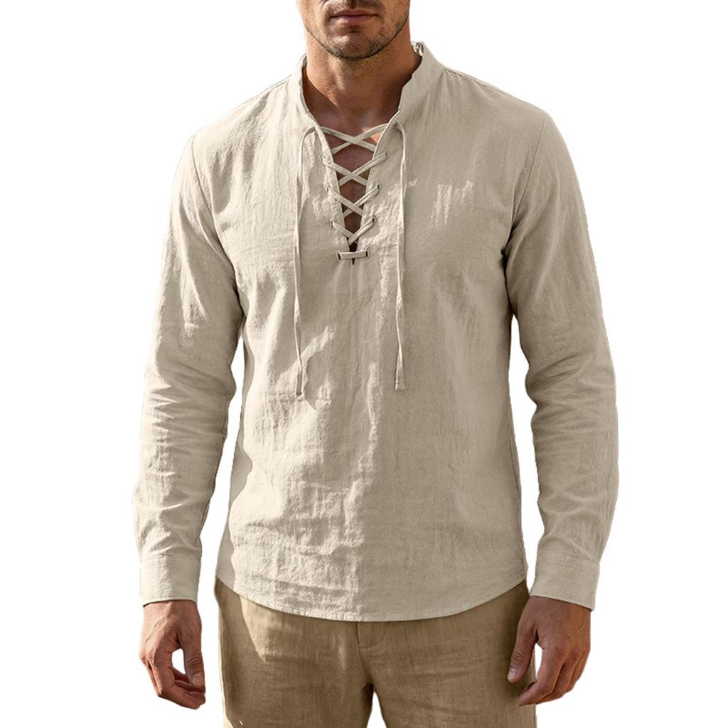 Herren Baumwoll-Leinen Kordelzugkragen Langarm Oberteil Herren Lässig Stilvolles Langarmhemd
