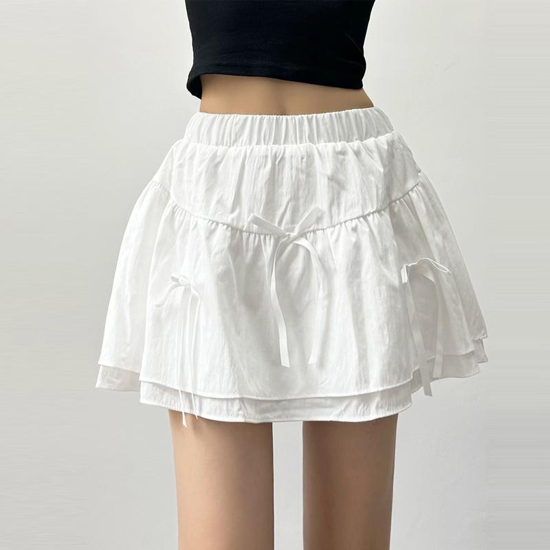 Cute Bow Mini Skirt with Shorts Women's Y2K Sweet Style Cake Skirt Ruffle Elastic Waist Fashion Female Clothing