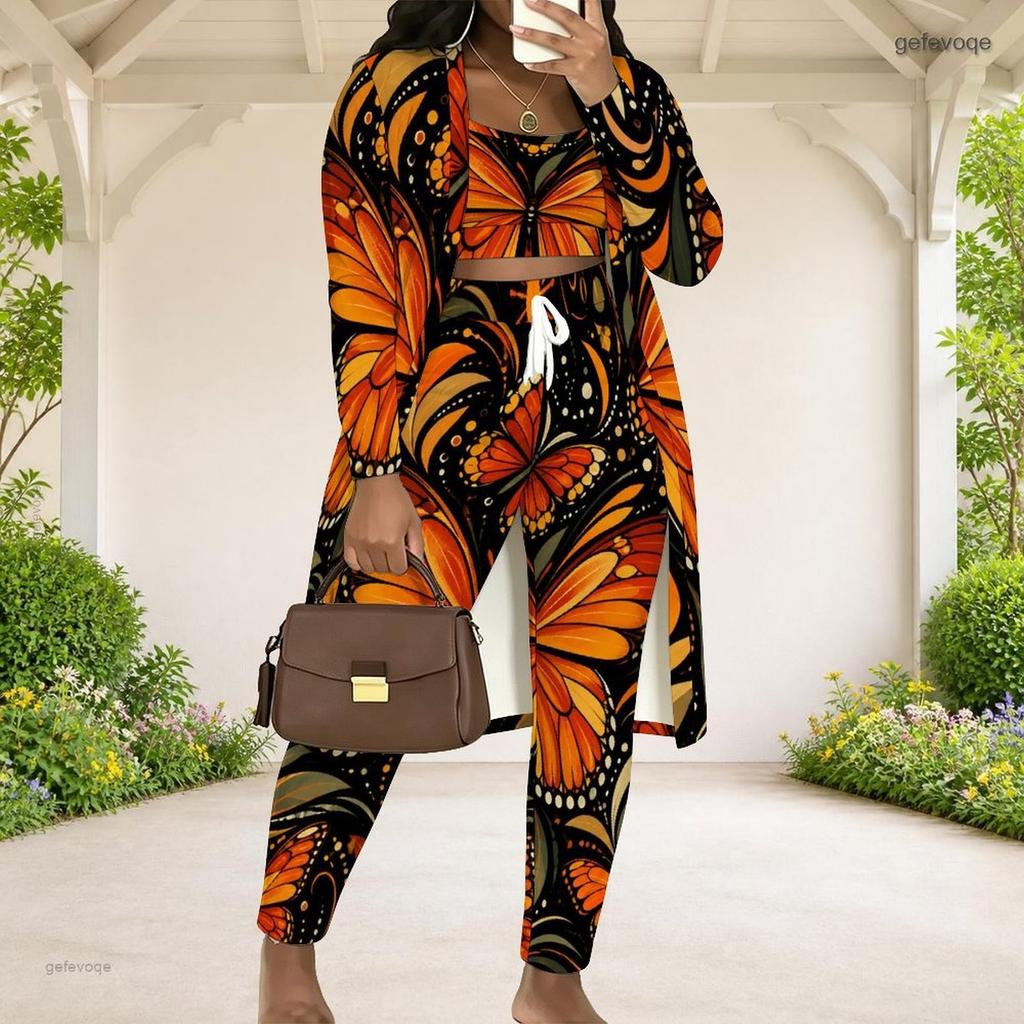 Women Plus Size Butterfly Printed Three Piece Set Long Sleeve Open Front Cardigan Crop Top Long Pants