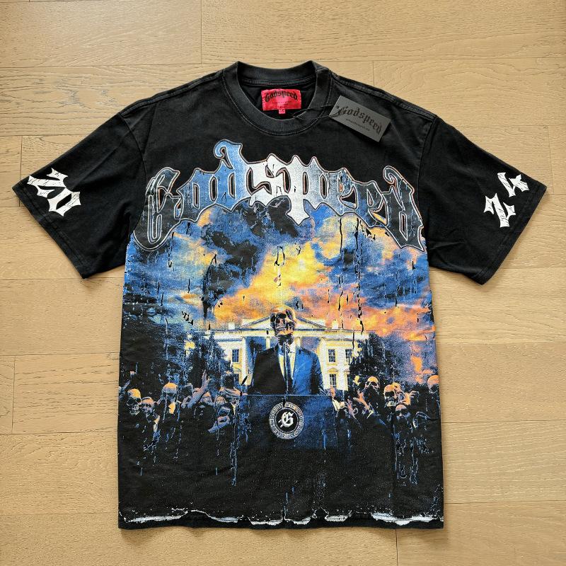 Cross-border trendy brand GS Skull Band Alphabet Printing Washing Water Short Sleeve Loose T-Shirt Men's and Women's High Street Retro Half Sleeve