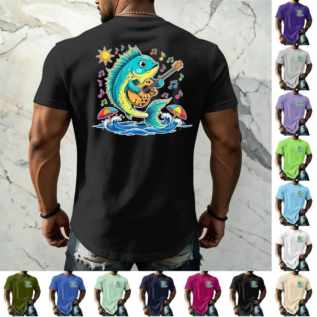 Men's Vintage Textured Print Short Sleeve T Shirt Loose Fit Casual Summer Daily Wear Top with Graphic Fish Design