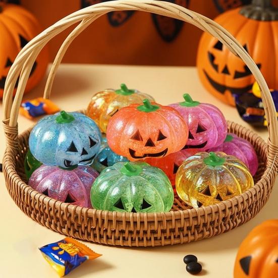 Slow Rebound Pumpkin Toys 1/4Pcs Halloween Stress Relief Toy, Smiling Head Squeeze Toy Clear Glitter Office Desk for Relieve Anxiety