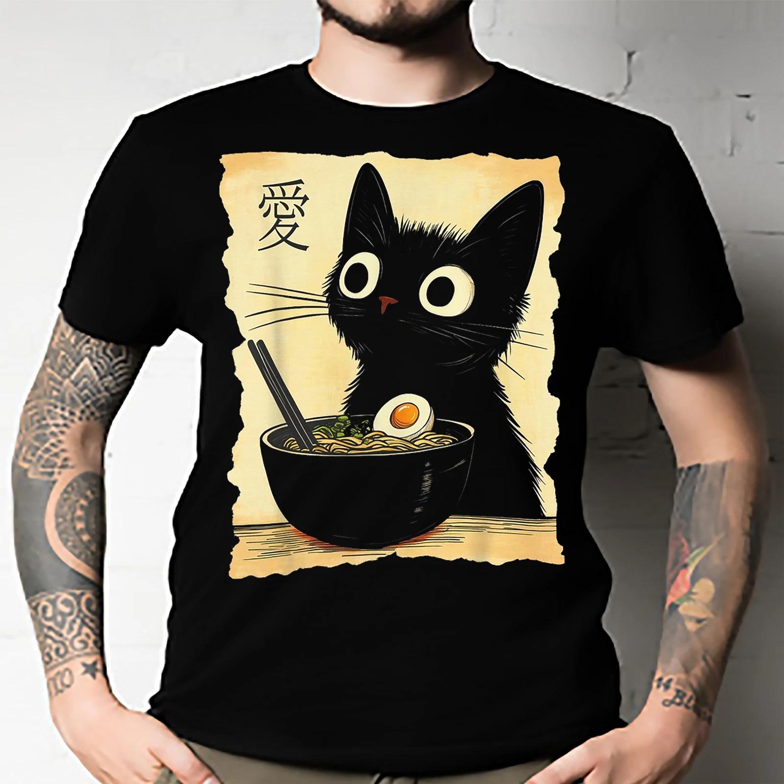 Men s and Women s T-shirts Funny Cat Ramen Graphic Tee Japanese Kawaii Anime Cat XL