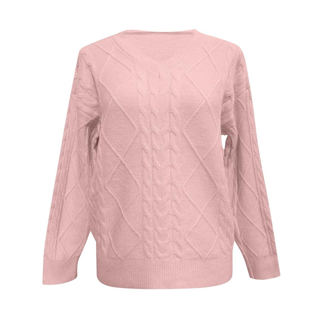 Women's Fashion V-Neck Solid Color Knit Sweater Top Pullover Casual Sweater