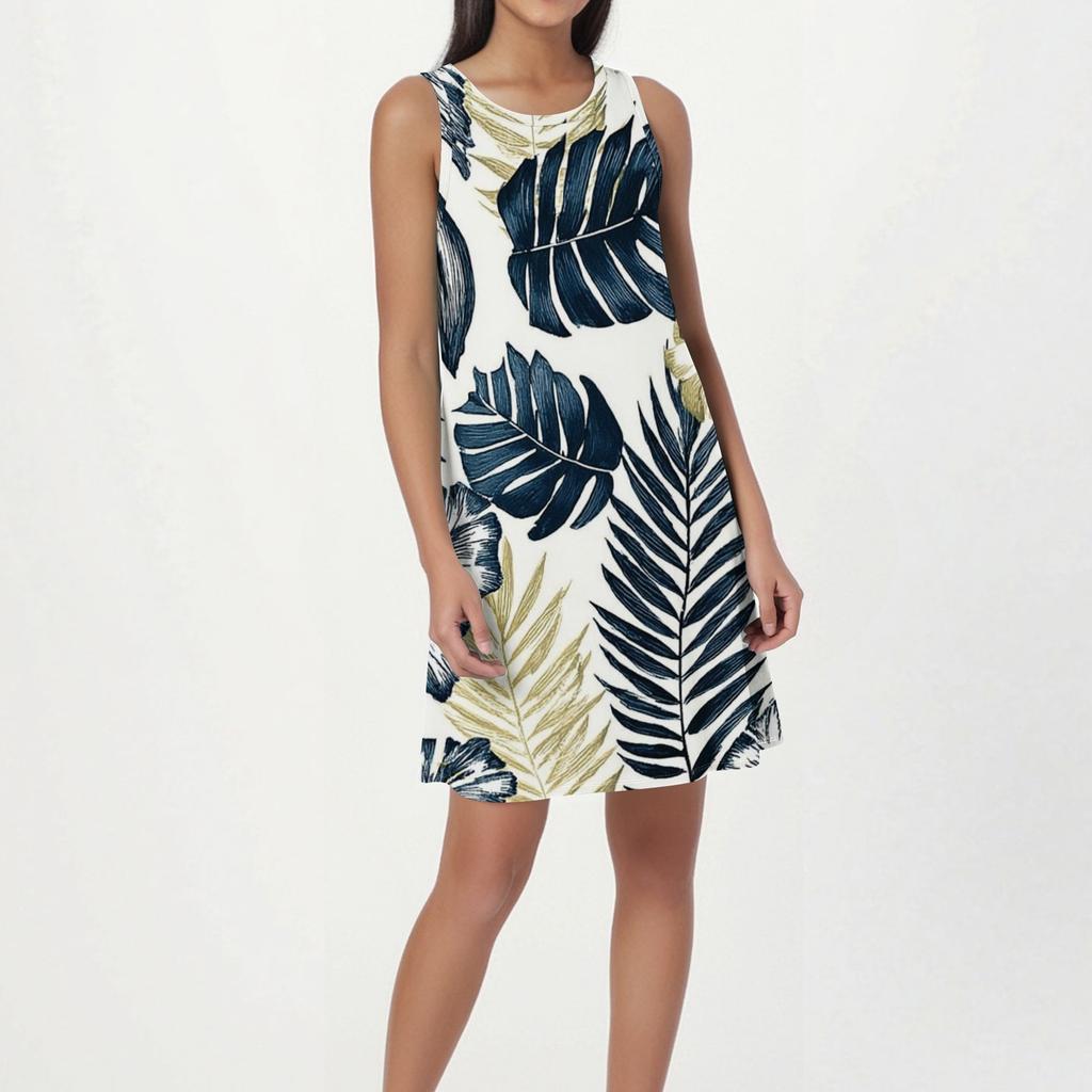Women's Fashion Beach Dress Sleeveless Round Neck Floral Print Dress