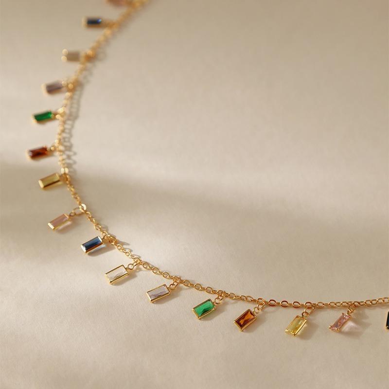Vacation Style Long Strip Color Glass Gold Plated Clavicle Chain Necklace