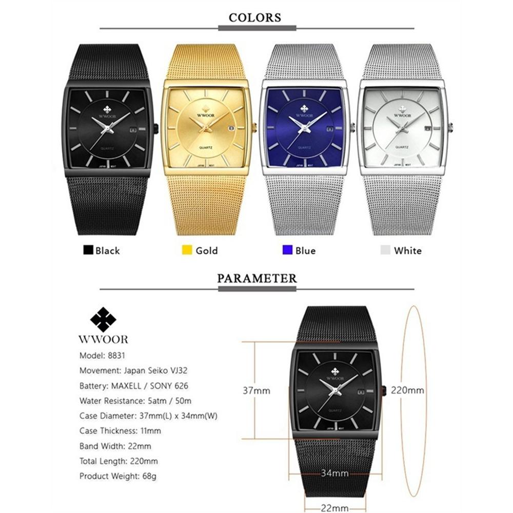 Top Brand WWOOR Quartz Watch Men Square Waterproof Business Men's Watches Luxury Black Steel Strap Sport Wrist Watch