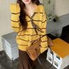 Womens Yellow Striped Polo Neck Sweater Loose Fit Long Sleeve Knit Top Fall Winter