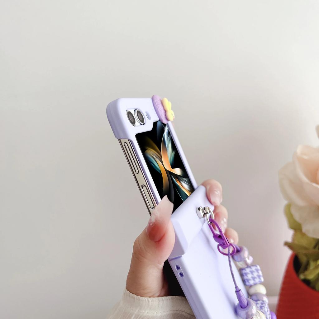 Cute Rabbit Bling Glitter Bead Wrist Strap Phone Case for Samsung Galaxy Z Flip 7 6 5 4 3 5G Hinge Protection Shockproof Cover