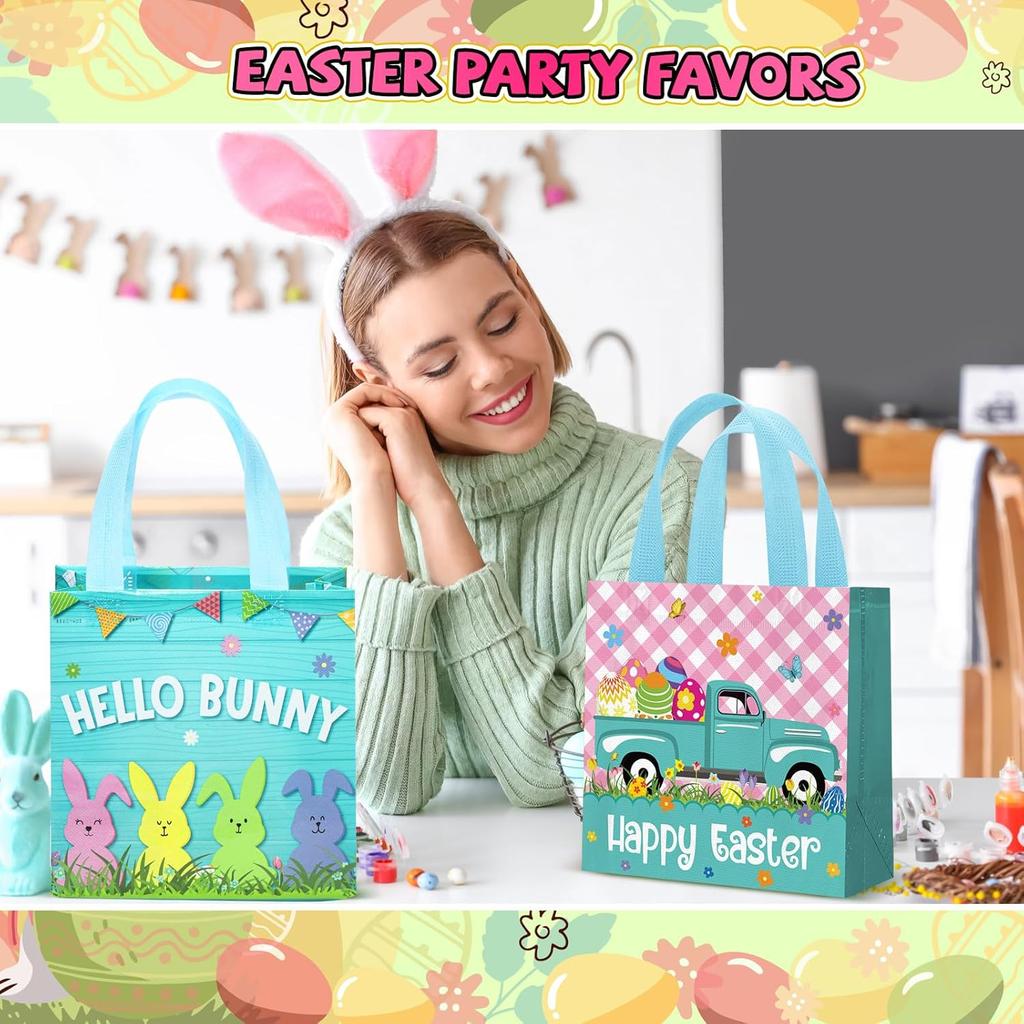 6 Pieces Easter Gift Bags Bulk Reusable Cute Easter Tote Bags with Handles Bunny Eggs Non Woven Holiday Goodie Basket