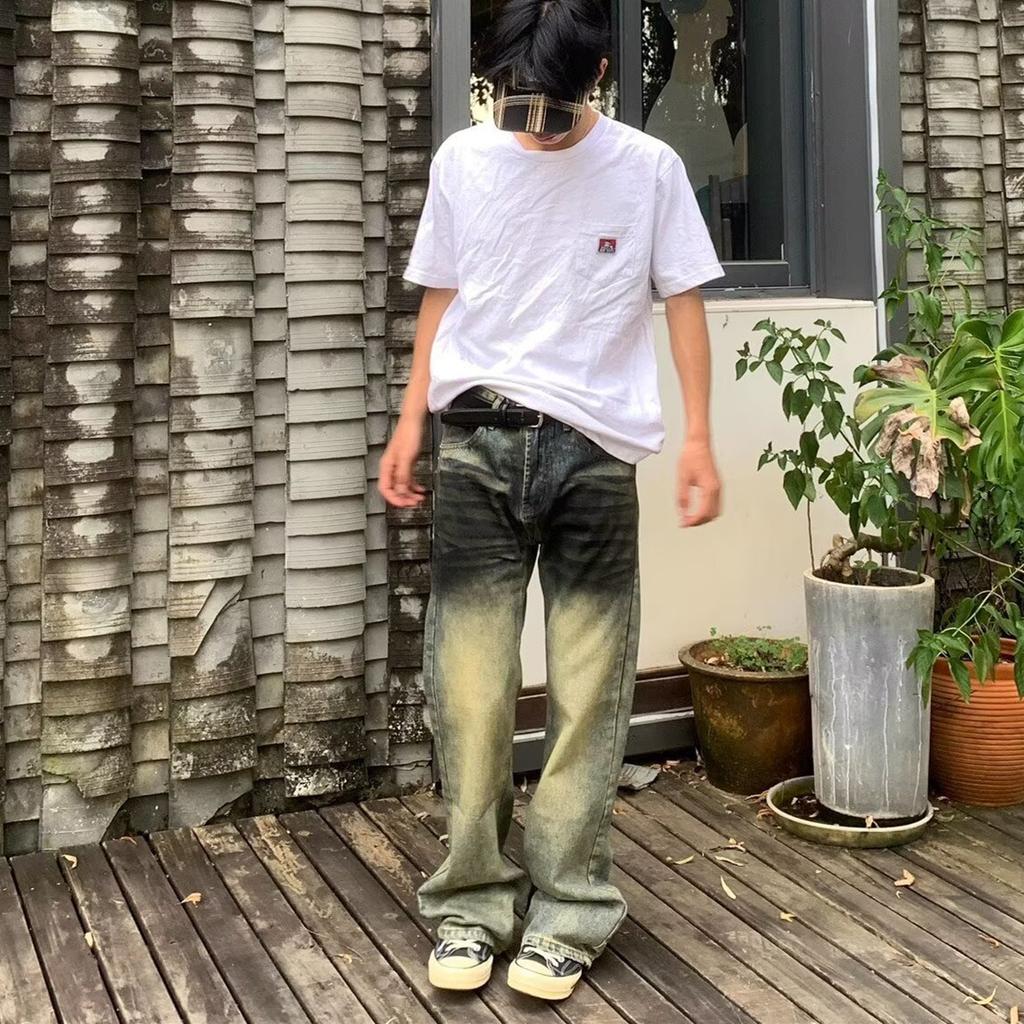 American Retro Jeans Boys Trendy Brand Spring and Autumn Old Pants High Street Vibe Straight Wide Leg Slightly Pulled Pants