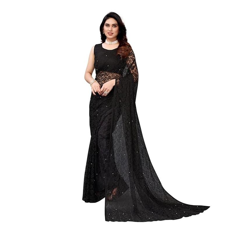 TreegoArt Fashion Women's Party Wear Floral Design Indian Saree Pearls Net Saree With Unstitched Blouse Piece