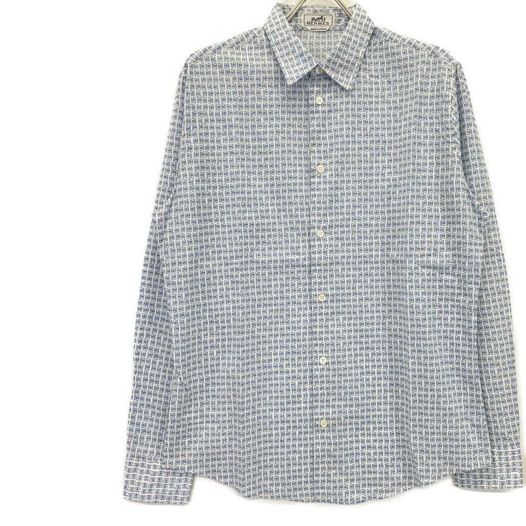 HERMES Blue x White Cotton H Motif Serie Button Long Sleeve Button Shirt tops 40 Blue x whiteUsed