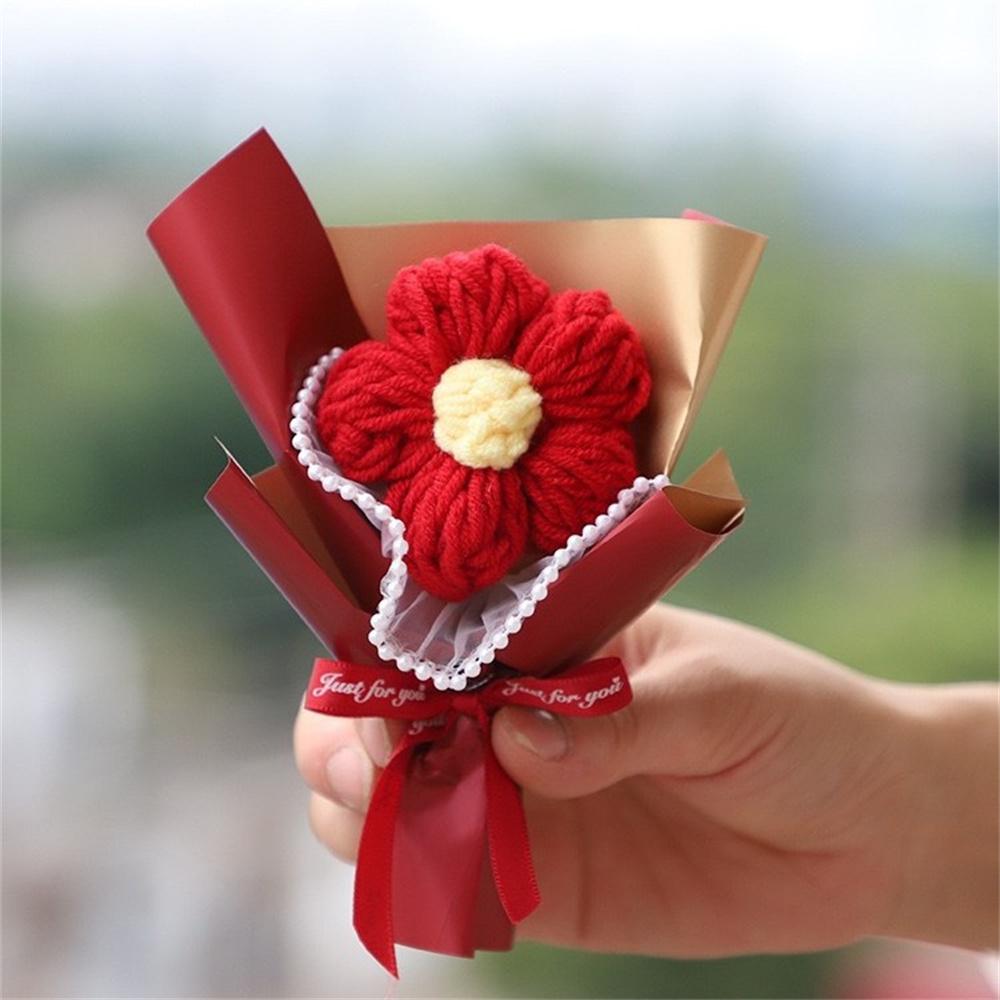 Single Woolen Knitted Flower Bouquets Rose Puff Sunflower Crochet Fake Flowers Small Home Decor Valentine's Day Gifts