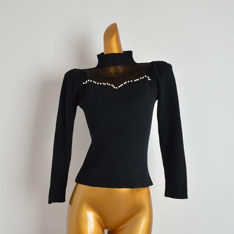 Fall and Winter New Arrival Half Turtleneck Gauze Knitting Bottoming Shirt Women's Black Sweater Silm Slim Looking Long-Sleeved Versatile Top