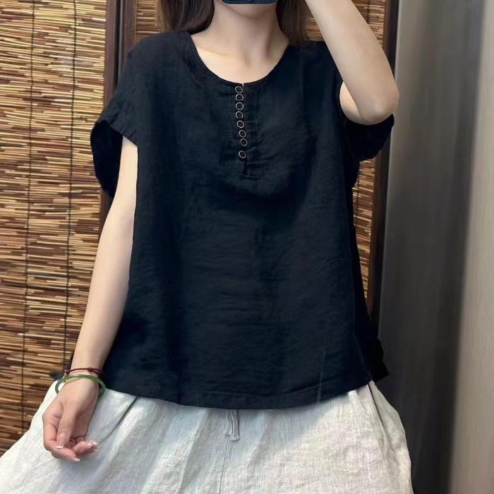 

Новый летний стиль Литературный ретро Высококлассный Однотонный Хлопок и Лен Топ для Женщин Свободный Круглый Вырез Повседневный Простой Пуловер с Коротким Рукавом L чёрный