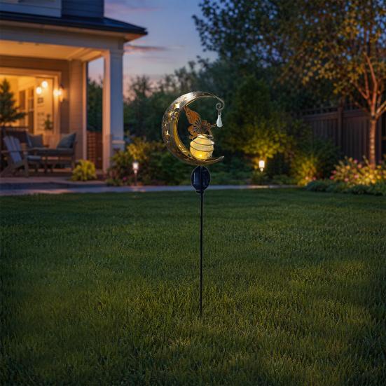 Solar Garden Light, Butterfly Fairy Moon Figurine Stake Light, Outdoor Waterproof Solar Powered Pathway Light for Patio, Lawn, Yard Decor