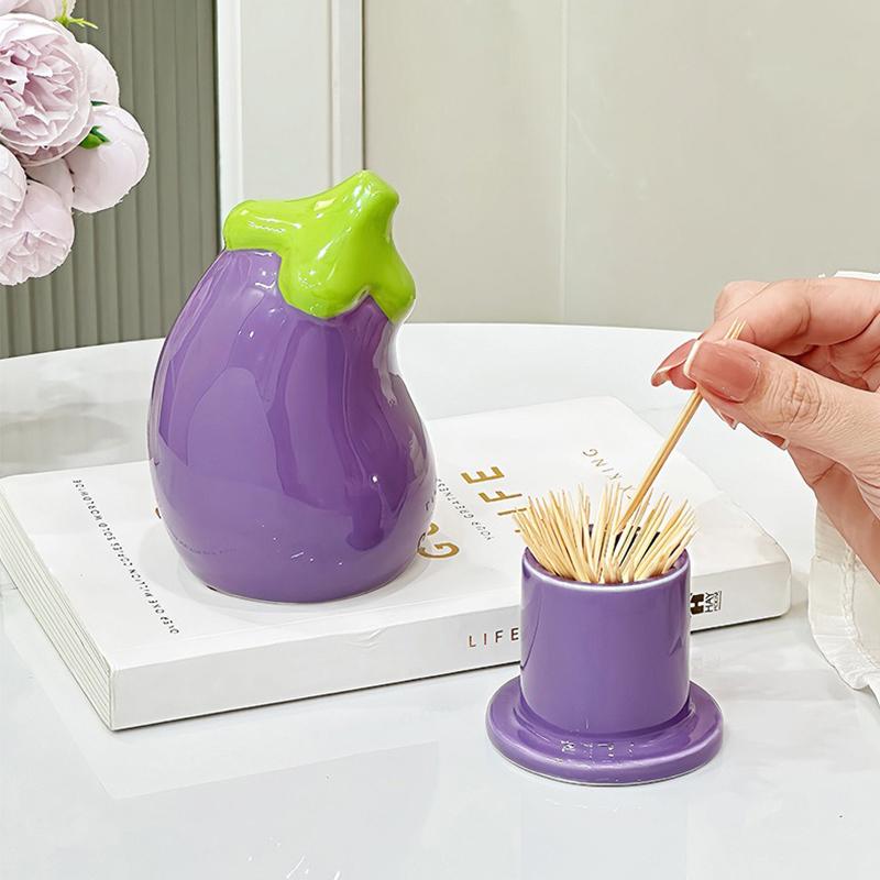 Cute Eggplant Toothpick Holder Ceramic Floss Box Desktop Decoration