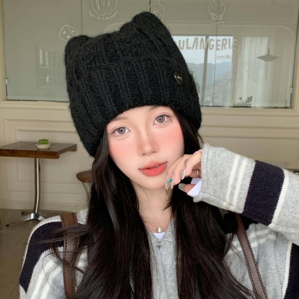 Qzkouma Thick Knit Cat Ear Beanie with Brushed Slimming Perfect for Fall and Warm and Women's Lining, Double-Layered Warmth, Face, Winter, Cute,