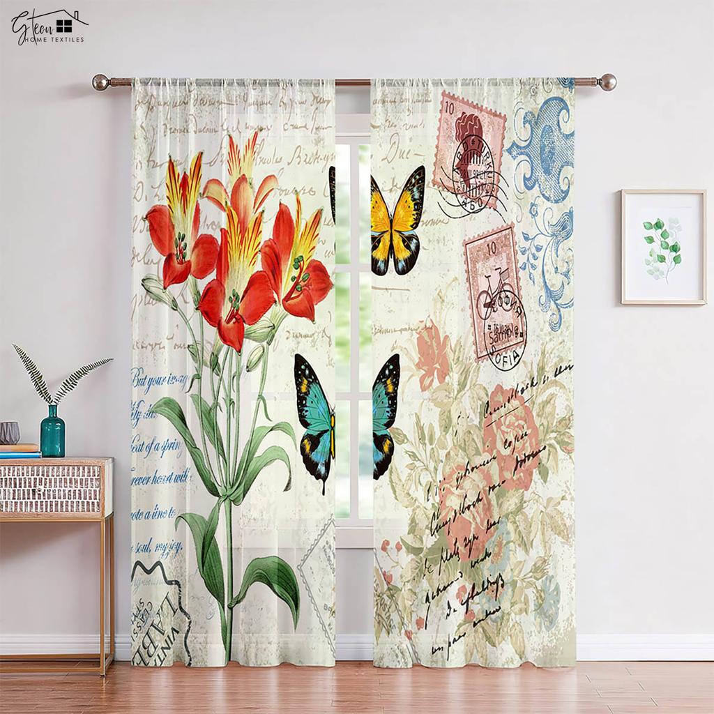 2-Piece Wooden Wisteria Flower Butterfly Printed Window Curtains Pastoral Style Bed Room Living Area Study Kitchen Curtains