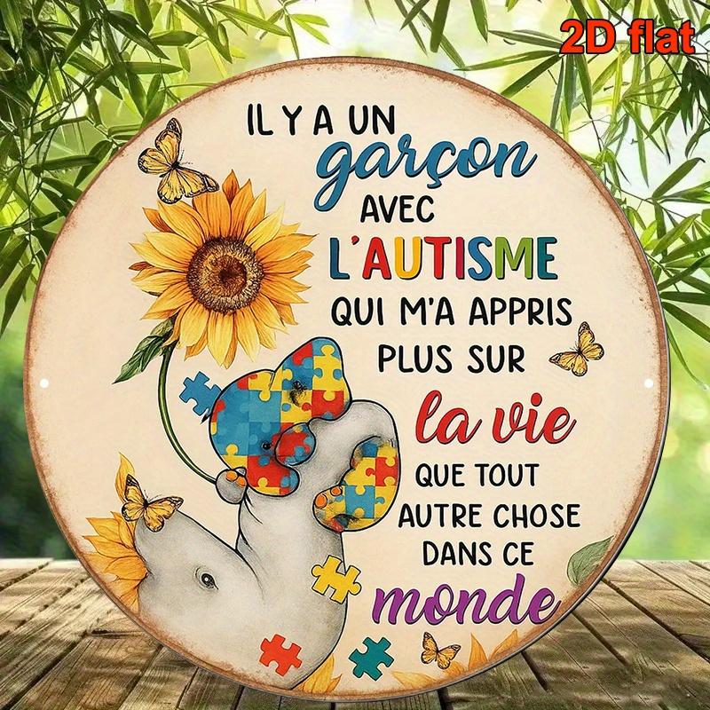 D Flat Pc French Autism Awareness Wall Decor X Cm Round Inspirational Sign with Puzzle Piece French Quotes Col