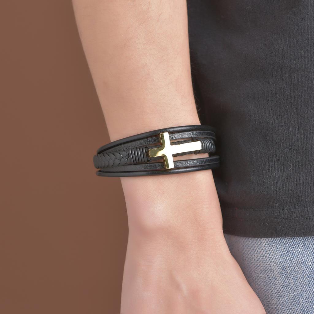 Stainless steel cross fashion leather bracelet, personalized multi-layer woven leather rope bracelet men's factory