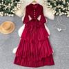 Korean Version of Lantern Sleeve Dress Women's Waist Strap Ruffle Edge Pleated Cake Skirt Slim Dress