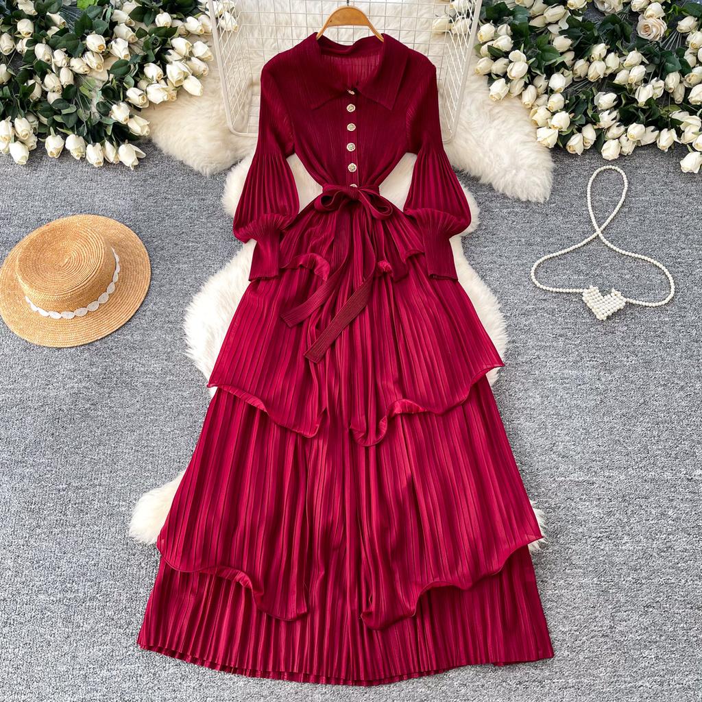 Korean Version of Lantern Sleeve Dress Women's Waist Strap Ruffle Edge Pleated Cake Skirt Slim Dress