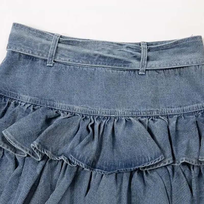 Jeansrock mit doppelter Rüsche und hoher Taille, kurz, blendfrei, dünn, A-Linie, Kuchenrock, Y2K-Mode, süß, sexy, Frühling und Sommer