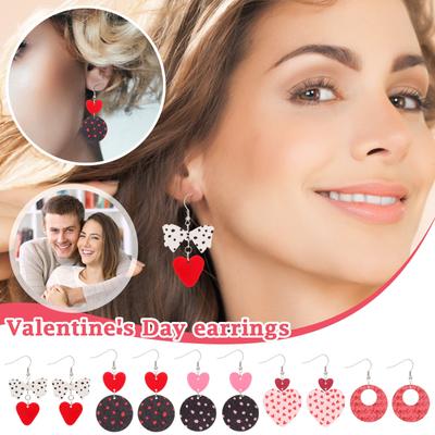 Valentine's Day Cute Love Heart Acrylic Wooden Earrings Lightweight Polka Dot Heart Bow Round Wood Dangle Drop Earrings For Women Jewelry Gift