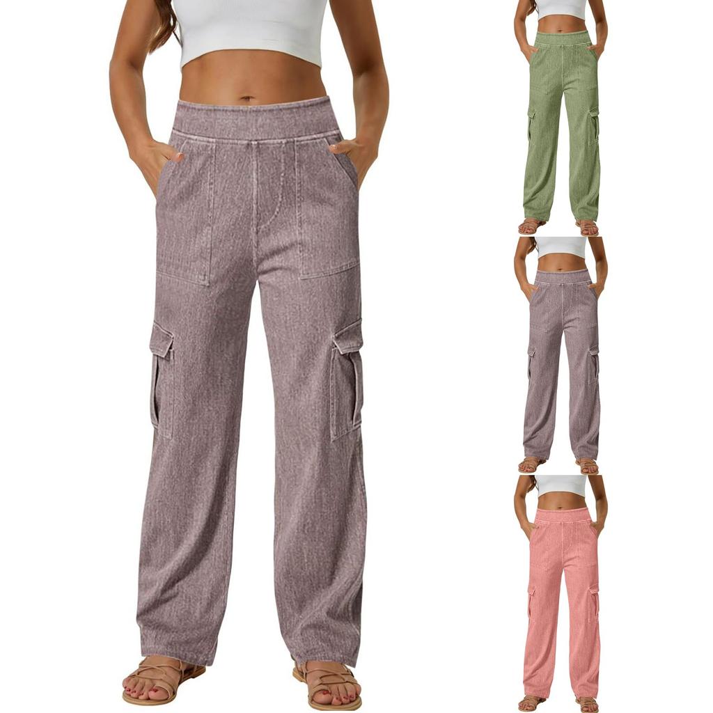 Women  Elastic High Waist Pant Casual Active  Fit Wide Leg Long Pants Trousers With Pockets