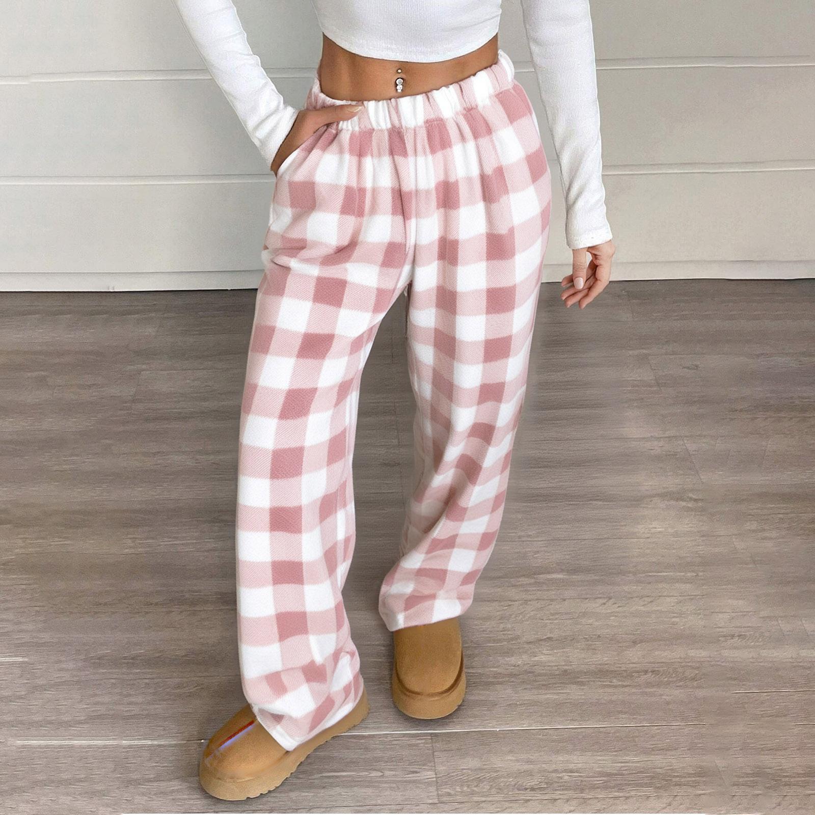 

Women’s Loose Fit Plaid Print Elastic Waist Casual Pants Soft Fabric Wide Leg Trousers with Pockets Comfortable Style L рожевий