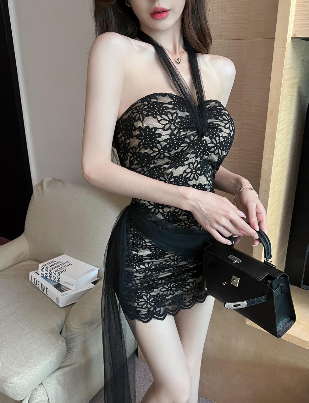 

Summer new sexy lace neck sling tube top bottom dress scheming thin hip wrap small black dress L тілесний