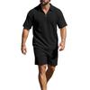 Men's Casual Retro Waffle Knit Short Sleeve Zip Collar Shirt with Drawstring Waist Shorts Set Lightweight Breathable Fabric Summer Outfit