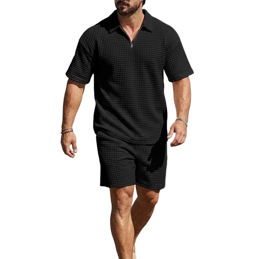 Men's Casual Retro Waffle Knit Short Sleeve Zip Collar Shirt with Drawstring Waist Shorts Set Lightweight Breathable Fabric Summer Outfit