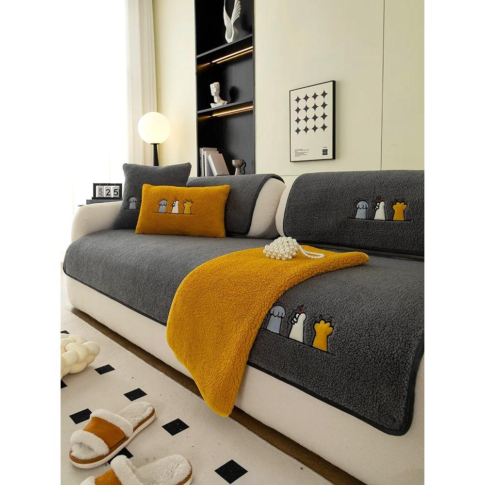 Lamb Plush Sofa Cushion Winter Warm Thickening Non-Slip Living Room Sofa Cover Cloth Universal Leather Sofa Recliner Cover