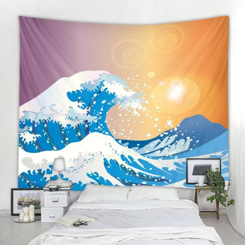 VIKAMA Meereswellen Wandteppich Ukiyoe Kreative Anpassung Kinderzimmer Spielzimmer Café Den Einfach zu Installieren Lustige Wanddekoration