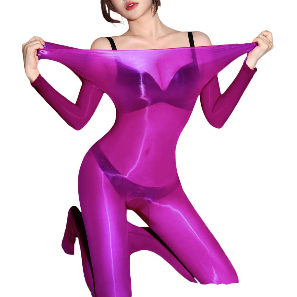 Sexy Women Home Yoga Bodysuit Oil Glossy Shiny 5D Thin Open Crotch Shaping Tights Sheer See Through Cosplay Maid Leotard