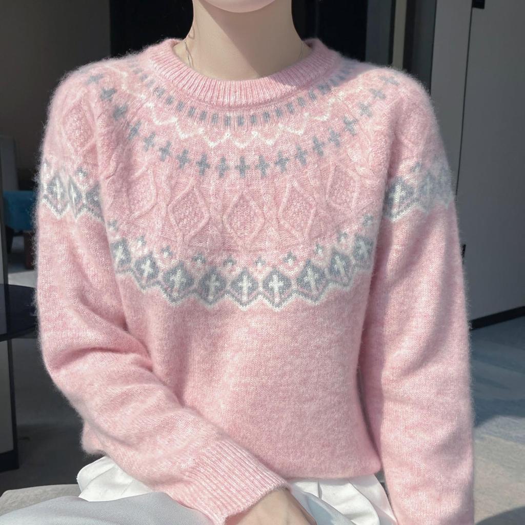 Women's Fair Isle Wind Sweater - 100% Australian Wool, Loose Round Neck Retro Jacquard Pullover