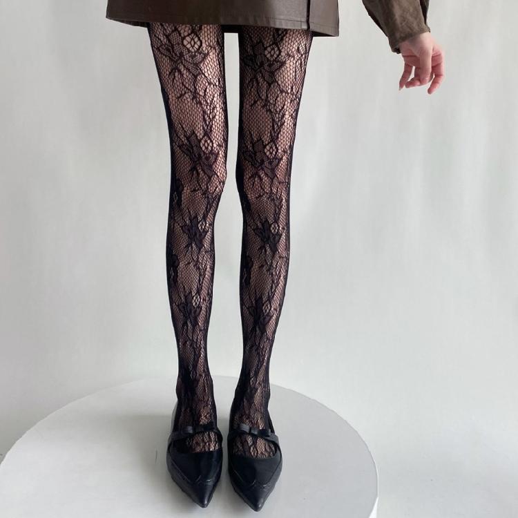 Women JK Hollowed Flower Jacquard Pantyhose Sexy Fishnet Lace Tights Leggings