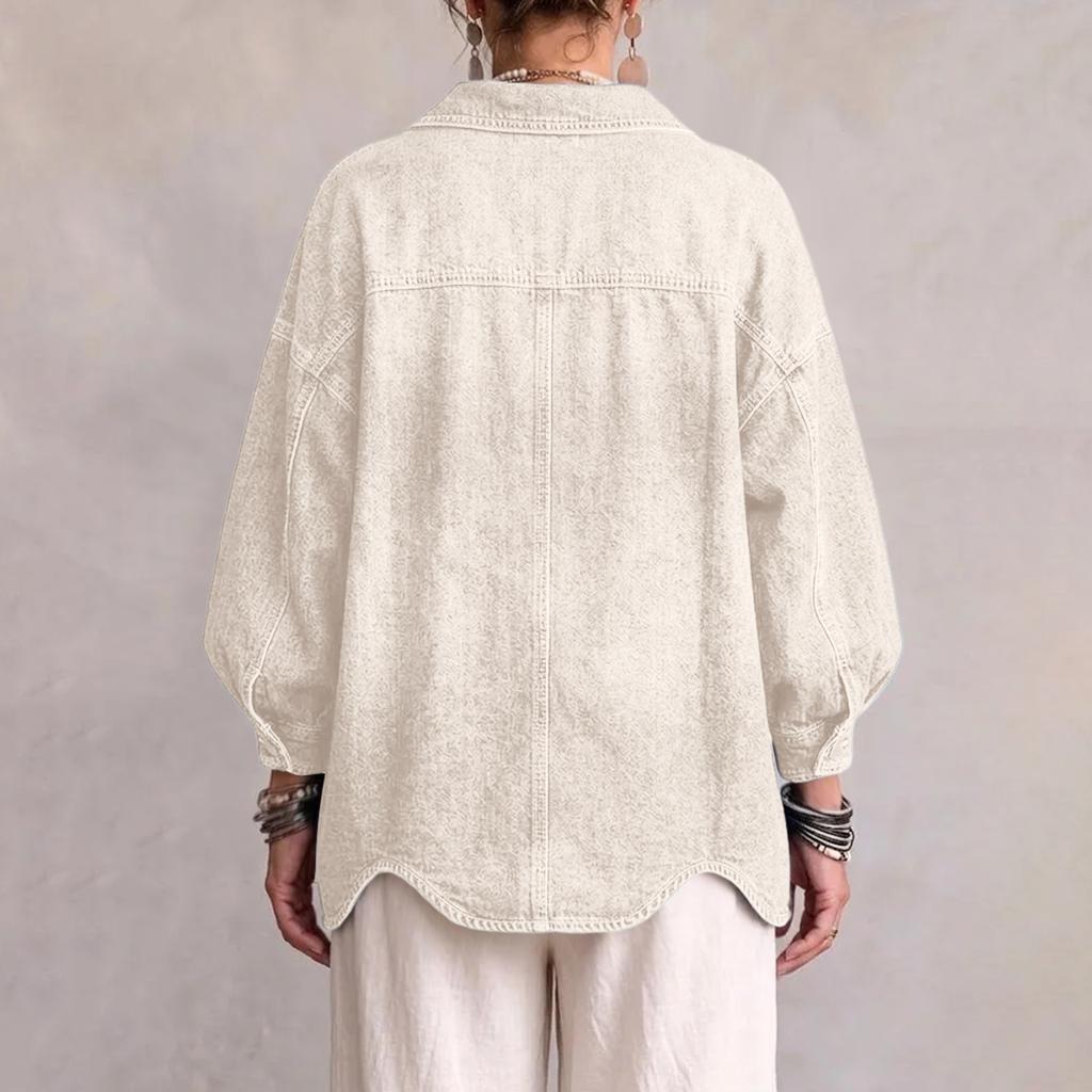 Women's Oversized Denim Jacket with Lapel Collar and Large Buttons for Casual Wear