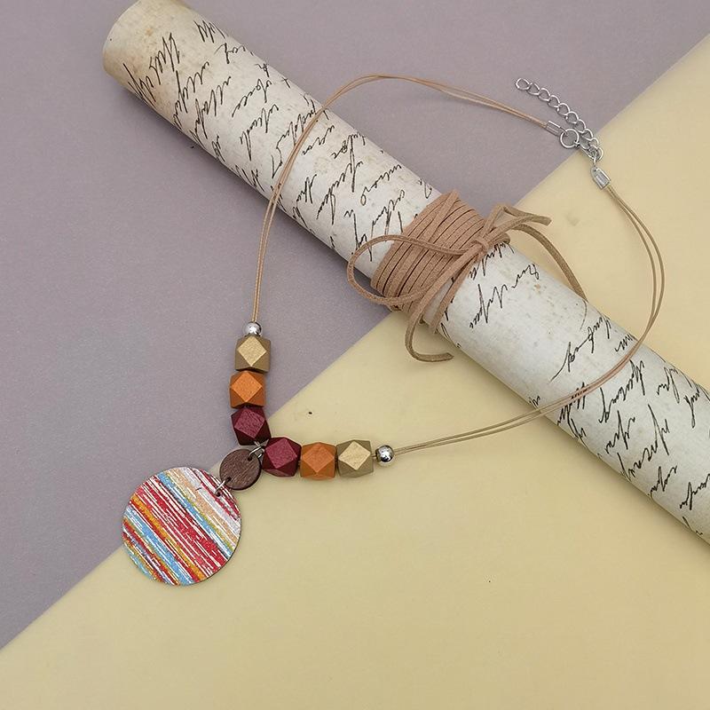 Ethnic Style Colorful Striped Necklace Round Leather Pendant Necklace Women's Fashionable Wooden Bead Necklace Bohemian Jewelry